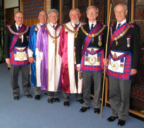 (l to r) E Comp David Jackson (Deputy Grand Superintendent)  E Comp Roger Wood (Third Provincial Grand Principal  E Comp Mike Coleman (Second Provincial Grand Principal)  E Comp Wayne Williams (Grand Superintendent)  ME Comp George Francis (Second Grand Principal)  and E Comp Stuart Robbens (Director of Ceremonies)