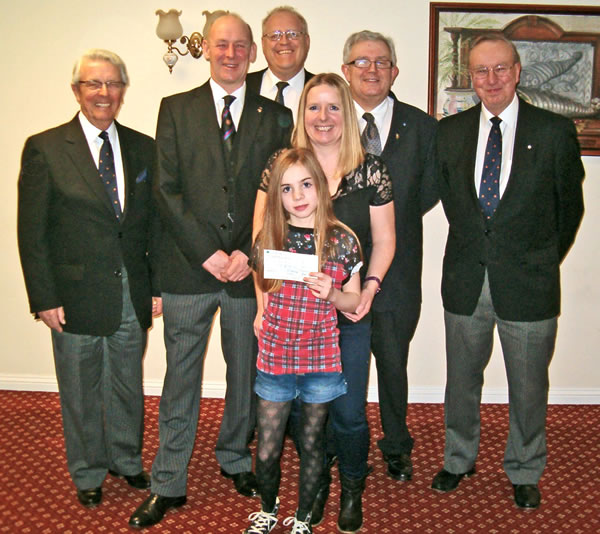 (l to r back) EComp Barry Cole, EComp Billy Glover (1st Principal), EComp Jack Summerfield (3rd Principal), EComp Martin Baker (2nd Principal) and ExComp David Jackson, Deputy Grand Superintendent (front) Linda McMeekin and daughter Carys