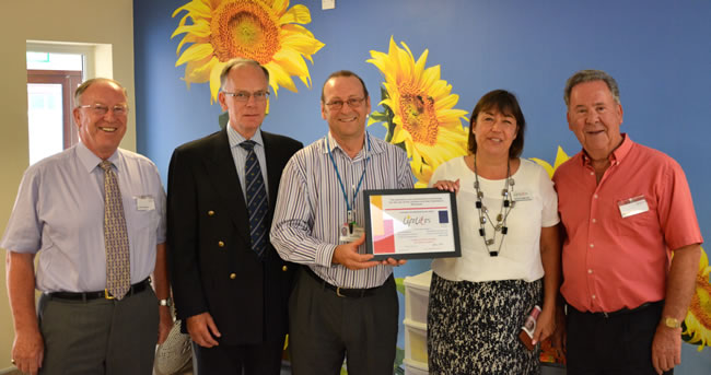 (l to r) VWBro Dr Vivian Thomas DPGM Northants & Hunts, RWBro Robin Wilson PGM Notts, Geoff Ellis Chief Exec of Rainbows (and Leicestershire Mason), Simone Enefer-Doy Lifelites Chief Exec, RWBro David Hagger PGM Leic & Rutland