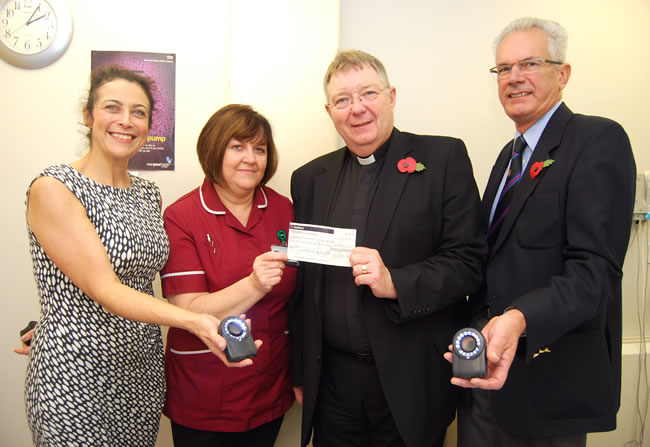 (l to r) Consultant Dermatologist, Dr Olivia Stevenson, Macmillan nurse Fiona Briggs, WBro Rev John Simmons & WBro Jim Boughton APGM