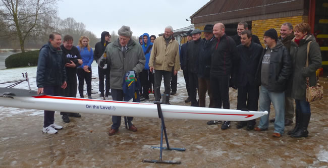 WBro Bob Beeton with Peterborough City Rowing Club Chairman, John Canton, & Fitzwilliam Lodge members names the single scull boat 