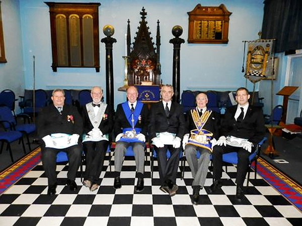 (l to r) WBro Bound, WBro John Mills (WM Vale of Nene), VWBro Dr Viv Thomas DPGM, Bro David Thompson, VWBro Tom Culpeck PSGW & WBro Iain Griffin (WM Fitzwilliam Lodge)